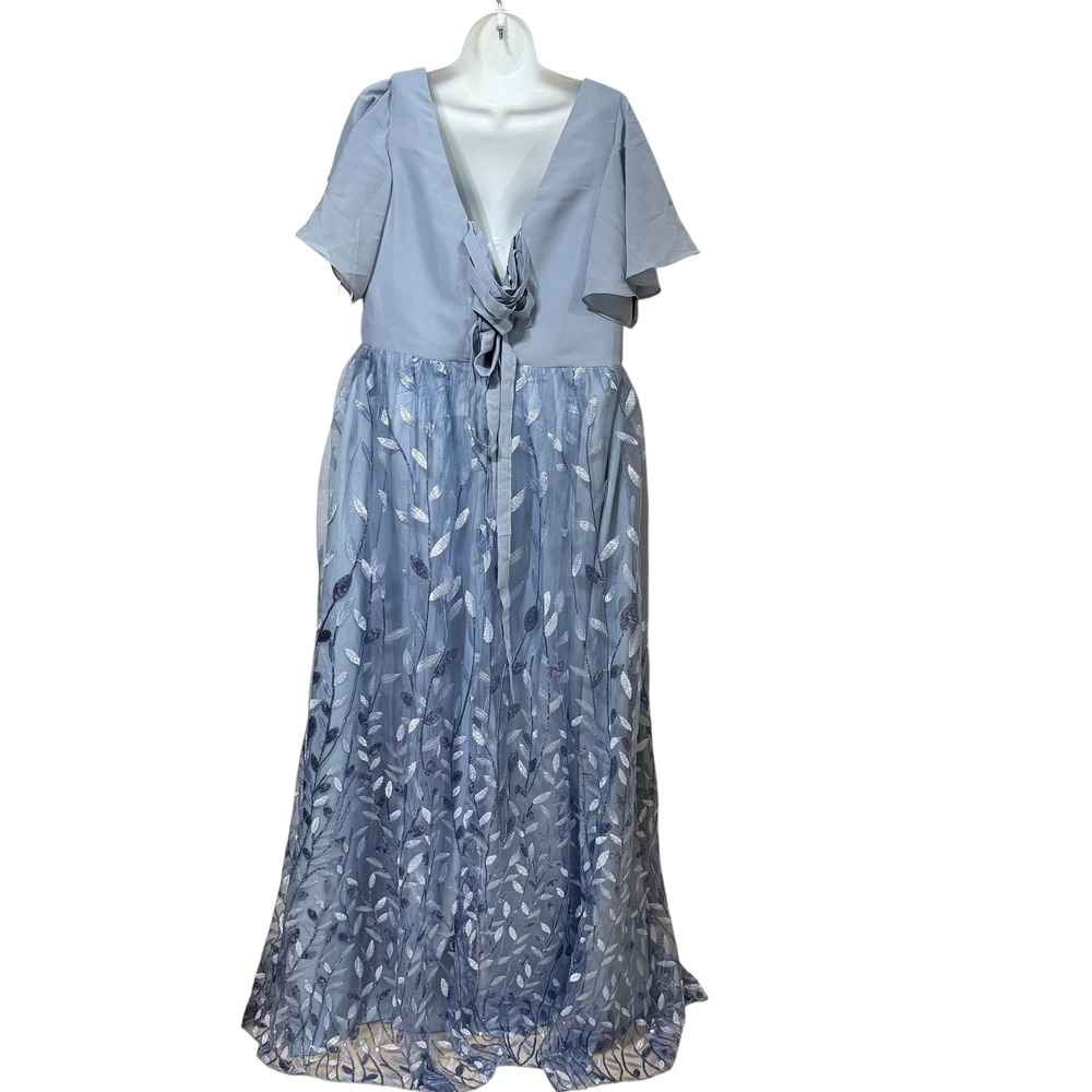 Witness of Love Blue Embroidered Leaf Sequin Tulle Maxi Dress US 16 Flutter - Picture 2 of 7